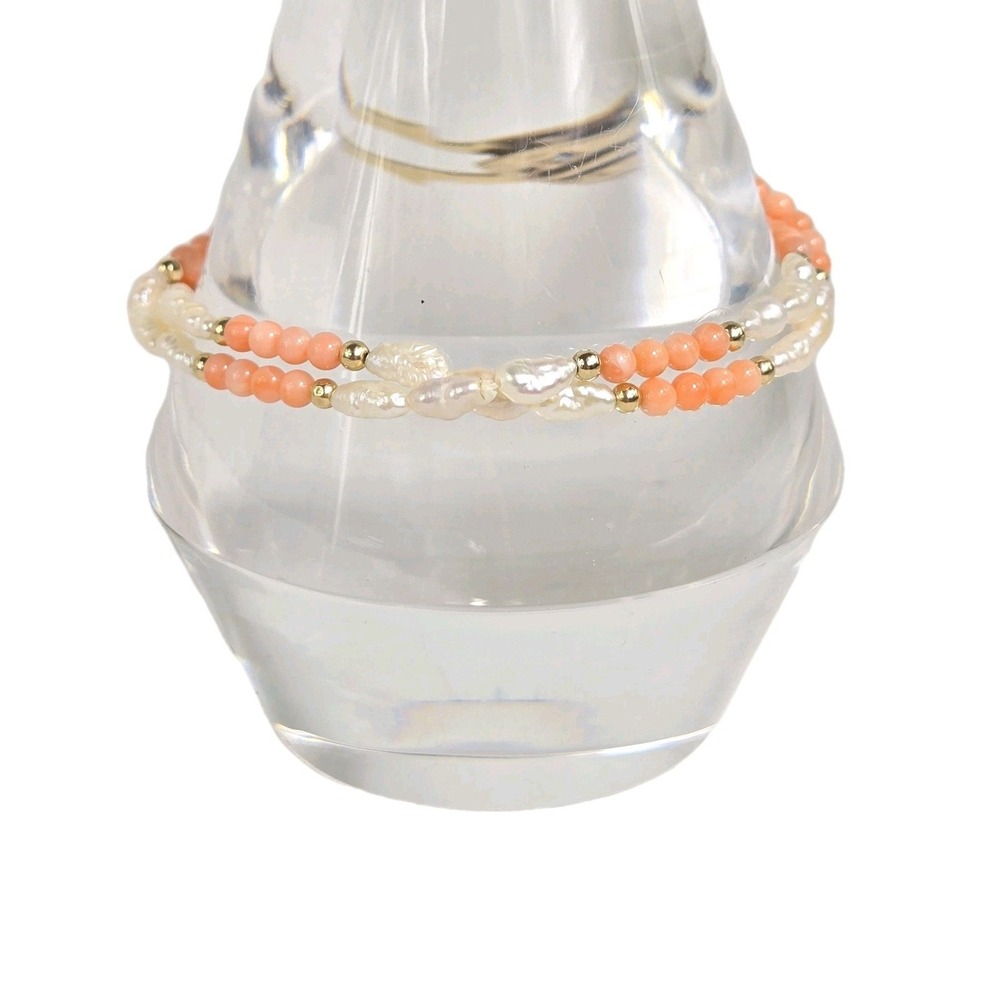 14k Solid Gold Baroque Fresh Water Pearl‎ & Angel Skin Coral Beads Bracelet 8" - Picture 4 of 11
